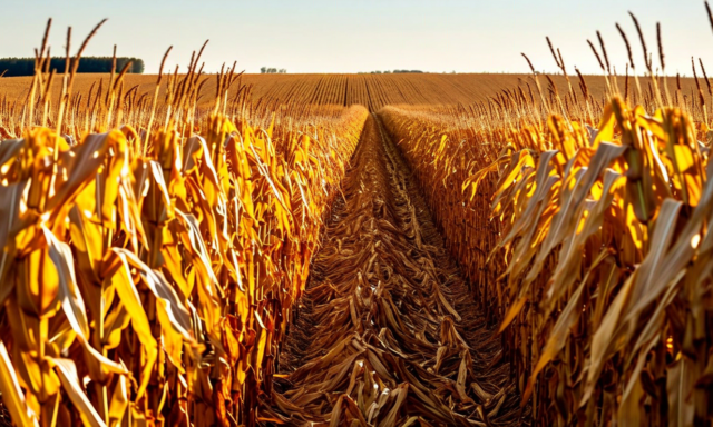 Corn field at harvest time with CBOT corn options volatility term structure chart overlay