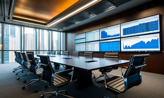 Risk management meeting room with commodity P&L reports and position limit dashboard on wall screens