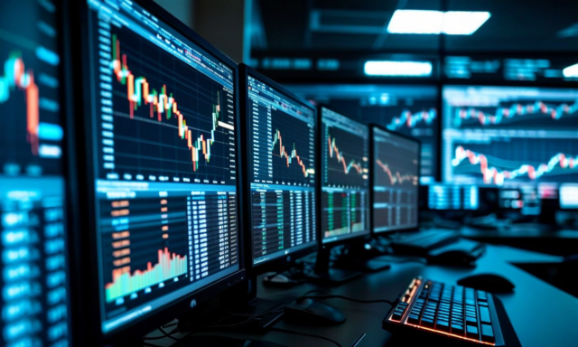 Commodity trading desk with multiple screens showing options positions and delta hedge status