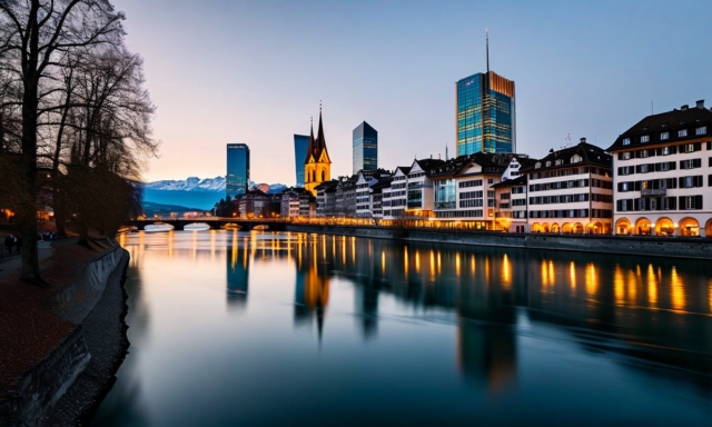 Zurich skyline with financial district buildings at dusk